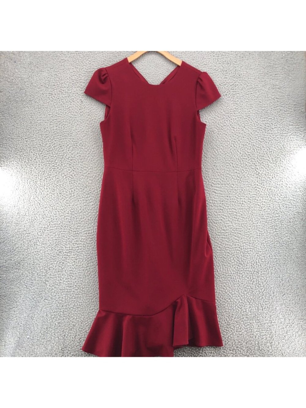 Betsy Johnson Dress Women 10 Red Knit Sheath Midi Ruffle Flare Hem Cap Sleeves*